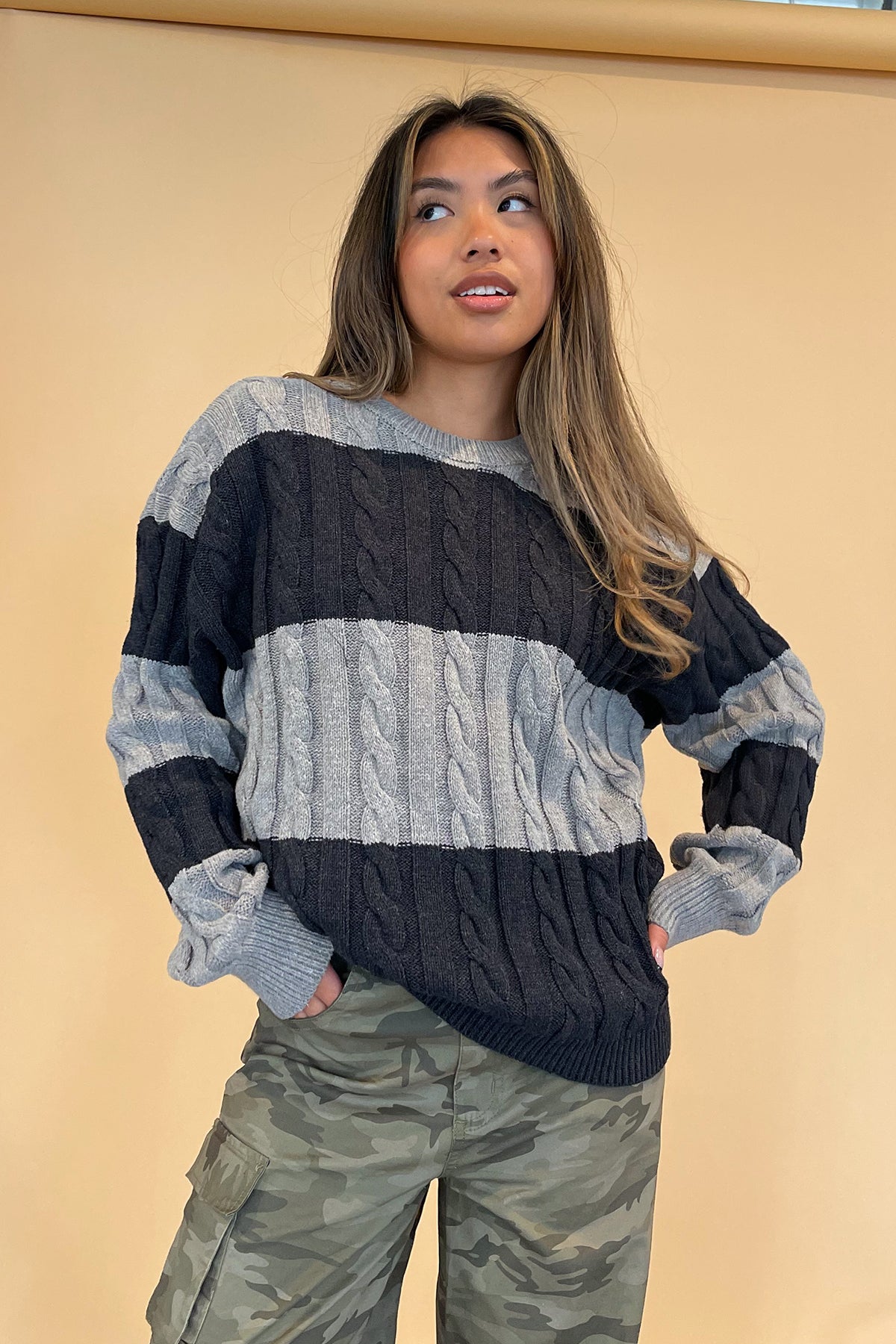 Between the Lines Grey and Charcoal Cable Knit Sweater - FINAL SALE