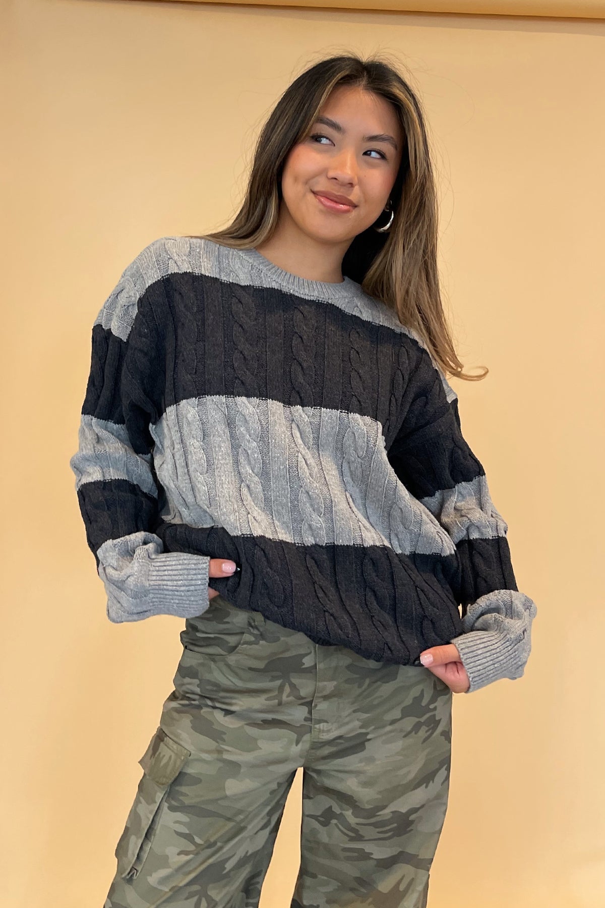 Between the Lines Grey and Charcoal Cable Knit Sweater - FINAL SALE