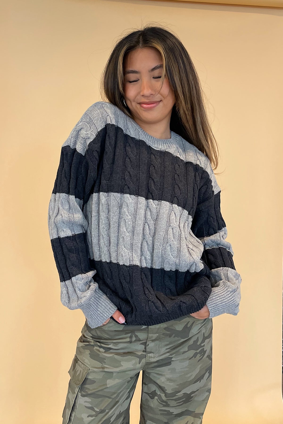 Between the Lines Grey and Charcoal Cable Knit Sweater - FINAL SALE