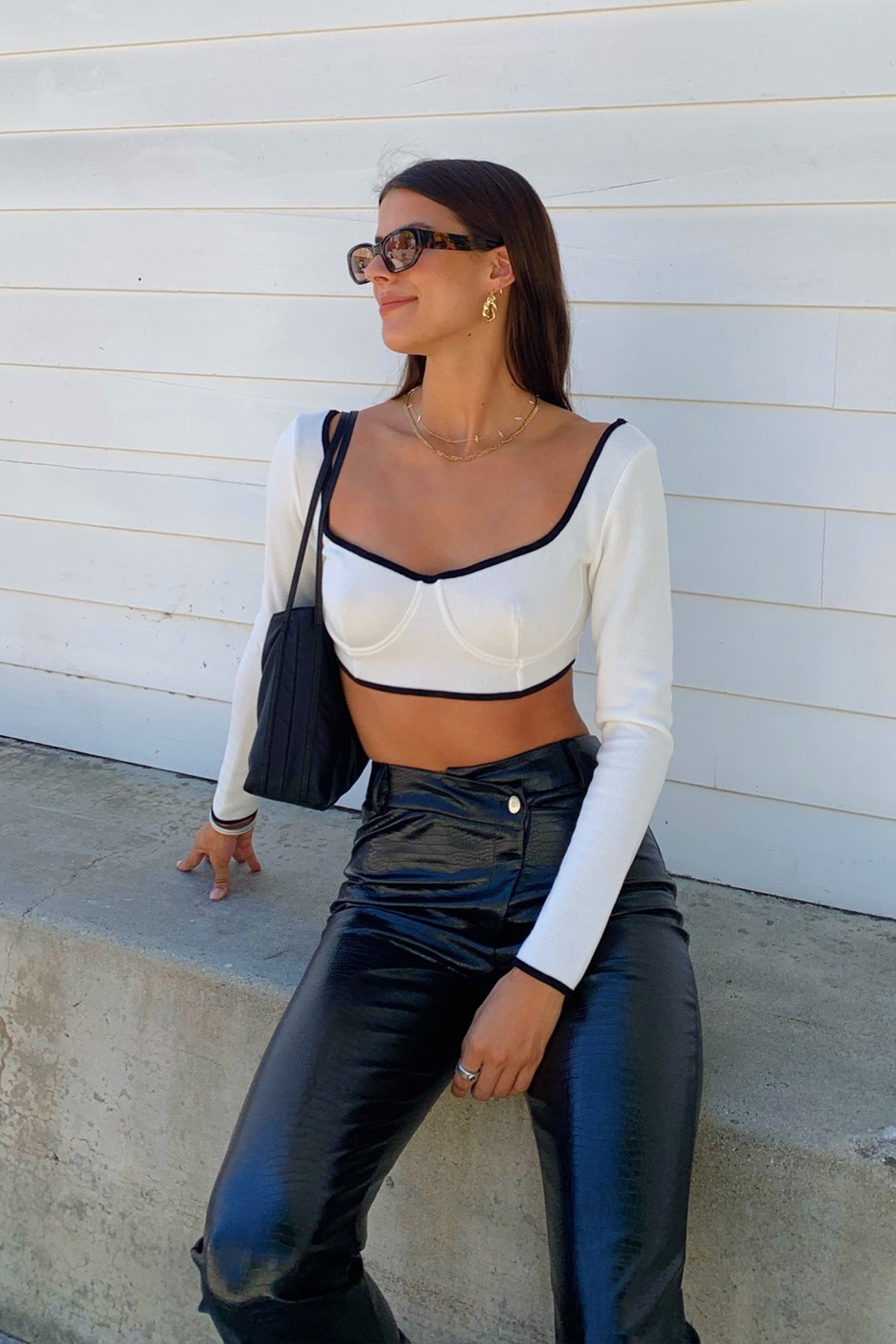 Go See White with Black Trim Long Sleeve Bustier Top - FINAL SALE