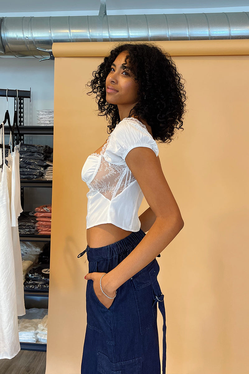 Core Memories White Puff Sleeve Lace Trim Top - FINAL SALE