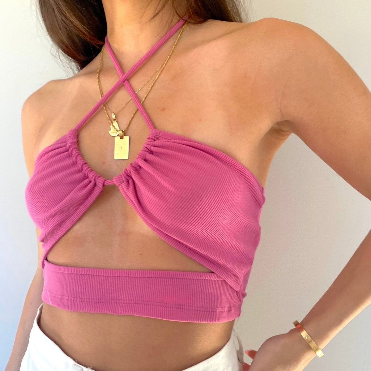 Erin Pink Ribbed Cut Out Top FINAL SALE