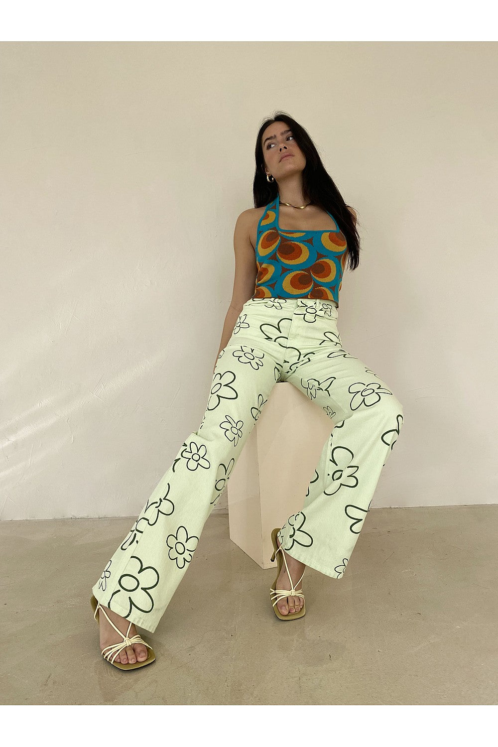 Karol Green Daisy Print Pants FINAL SALE