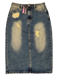 Pretty Little Thing- Petite Indigo Vintage Wash Distressed Denim Midi Skirt NEW WITH TAGS