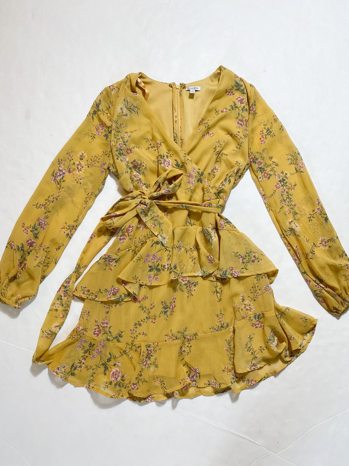 Love Fire- Yellow Long Sleeve Floral Mini Wrap Dress