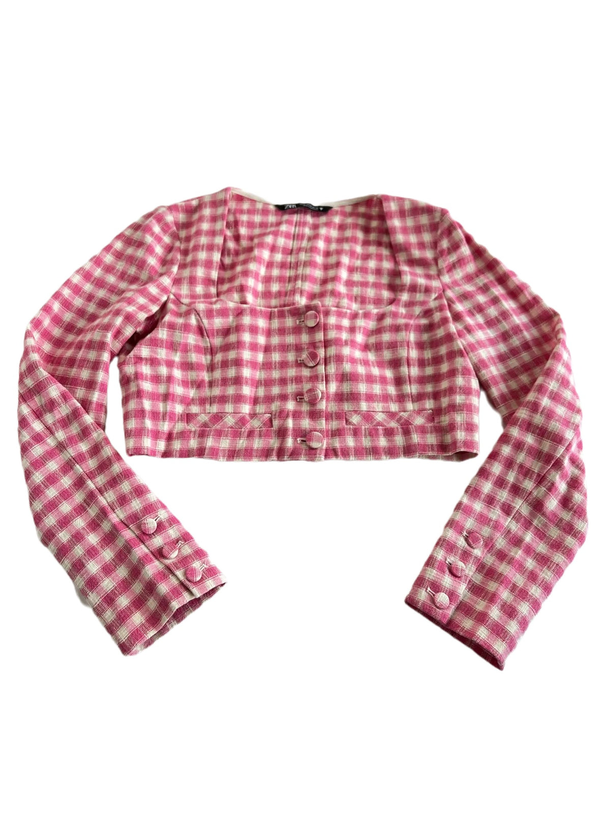 Zara- Pink and White Checkered Cropped Cartigan