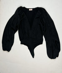 Showpo - Black Satin Puff Sleeve Bodysuit
