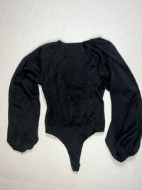 Showpo - Black Satin Puff Sleeve Bodysuit