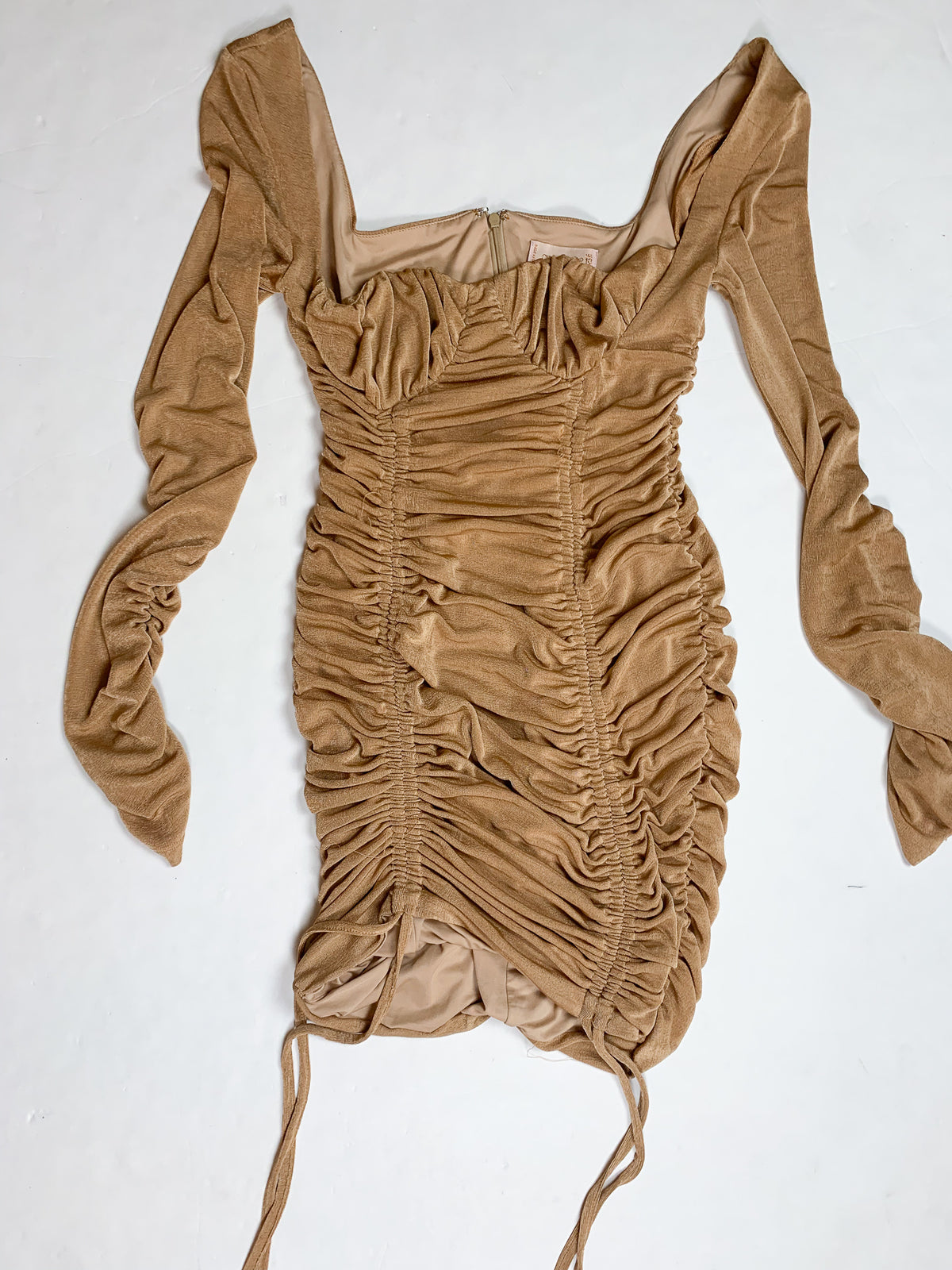 Club London - Golden Tan Long Sleeve Ruched Dress