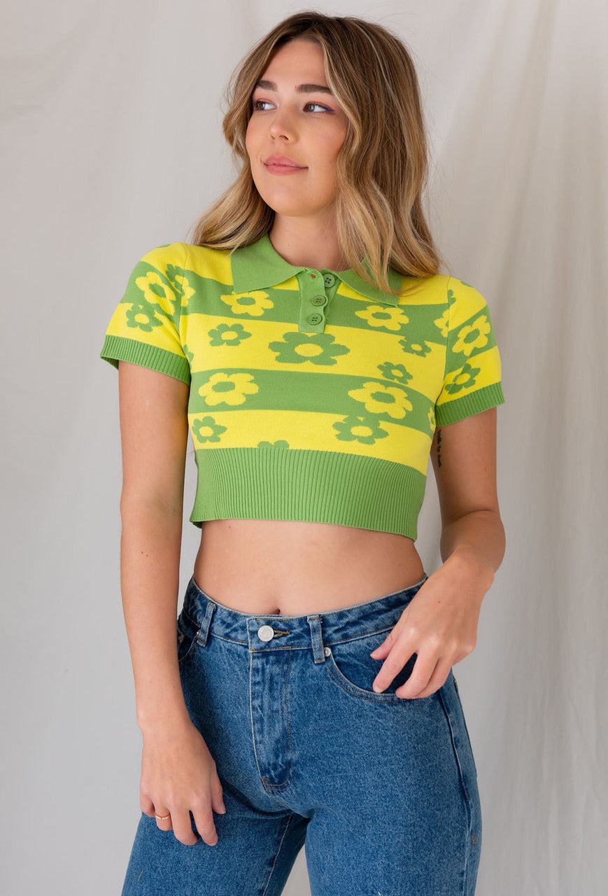 Girl Power Crop Knit Top In Green-Yellow FINAL SALE