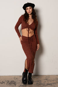 Two piece set styled with chunky boot and beret