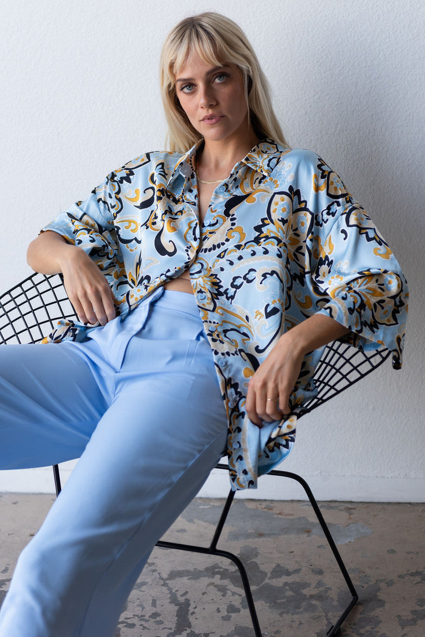 CALIstyle Jetsetter Oversized Button Down Shirt In Blue Paisley