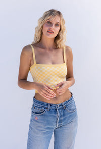At Sunset Checked Crop Knit Top In Yellow FINAL SALE
