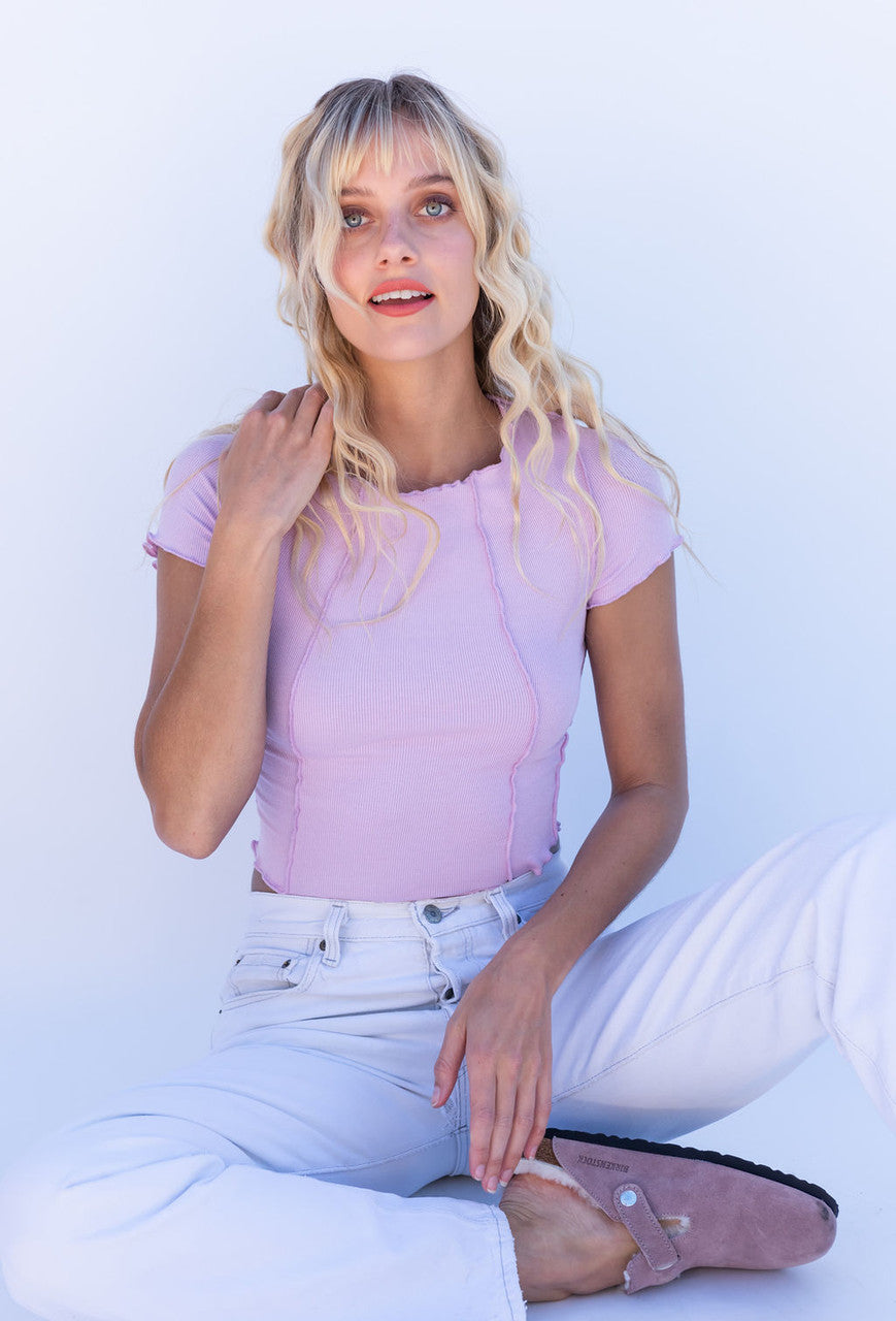 CALIstyle Inside Out Exposed Seam Ribbed Top In Lavender