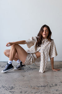 CaliSTYLE City Girl Button Down Shirt & Short Set In Beige Check
