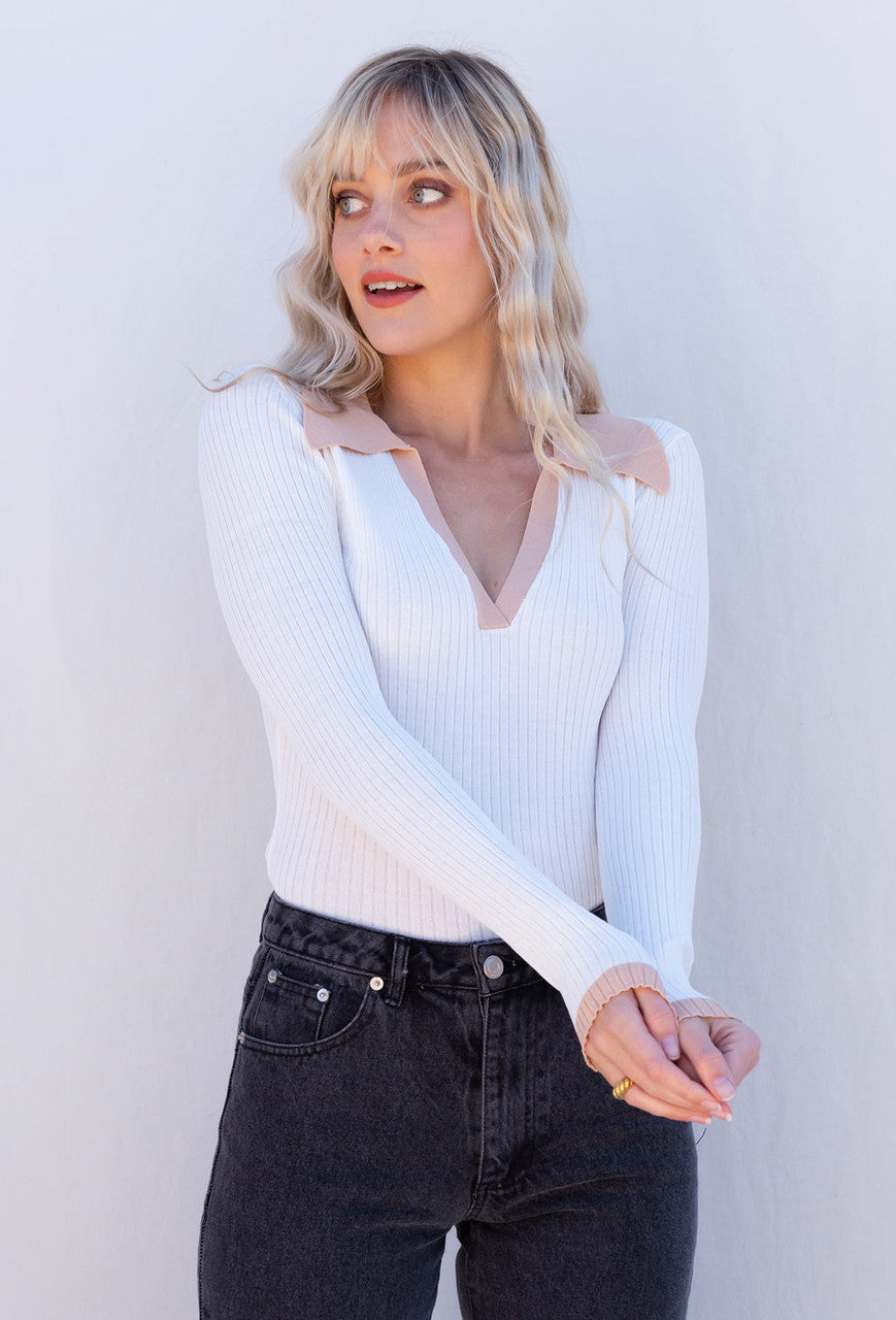 CALIstyle Fashion Girl Knit Polo Top In White/Tan