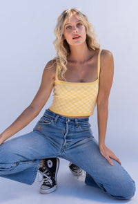 At Sunset Checked Crop Knit Top In Yellow FINAL SALE