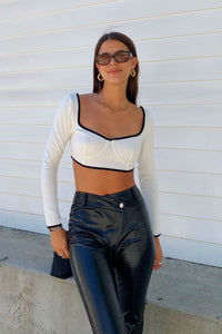 Go See White with Black Trim Long Sleeve Bustier Top FINAL SALE